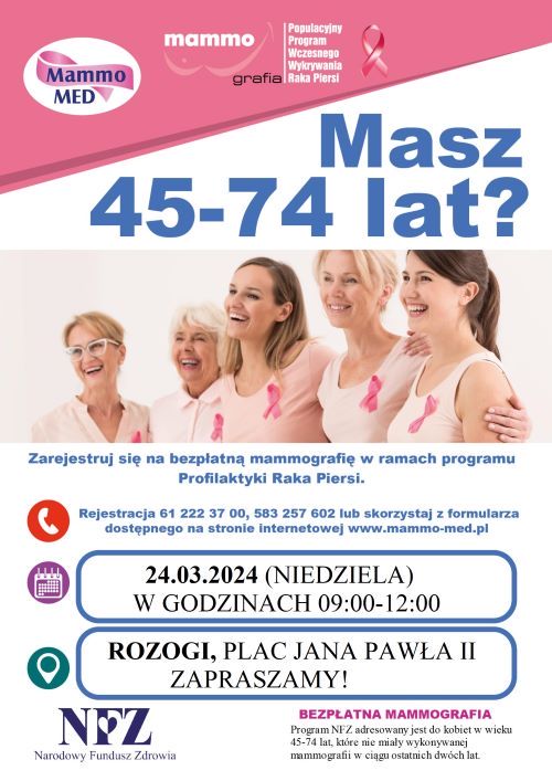 Zaproszenie dla kobiet z terenu Gminy Rozogi na badanie mammograficzne do mammobusu w dniu 24 marca 2024 r. przy Placu Jana Pawła II 1