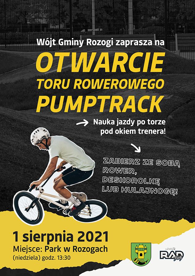 Plakat informuje o otwarciu toru rowerowego PUMPTRACK w parku w Rozogach 