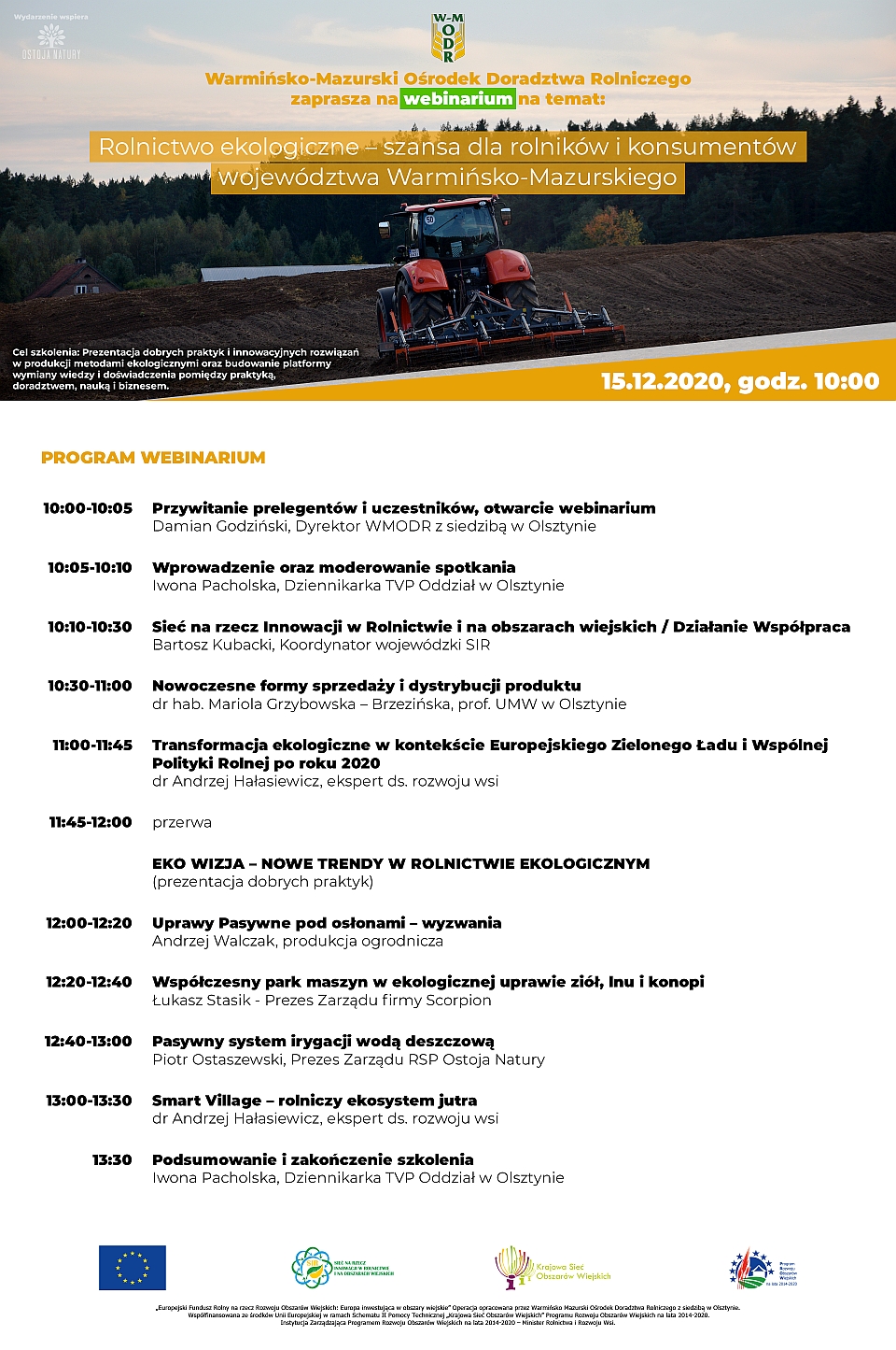 Plakat "Rolnictwo ekologiczne - szansa dla rolników i konsumentów województwa Warmińsko-Mazurskiego w dolnej części program webinarium