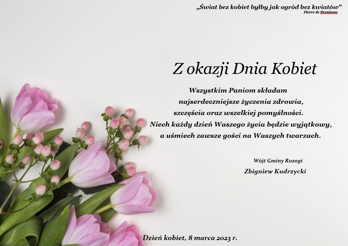 Życzenia Wójta Gminy Rozogi z okazji Dnia Kobiet 2023 na szarym tle z bukietem kwiatów