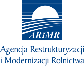 Niebieski napis ARiMR logo z niebieskim tłem